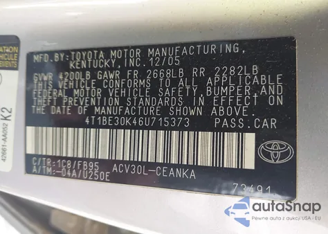 2006 Toyota Camry Le из США, поврежденный, VIN 4T1BE30K46U715373